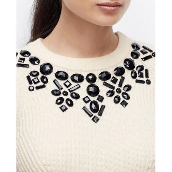 Ann Taylor Small/Petite Crew Neck Sweater NWT Cream Black Embellished Elegant - Picture 2 of 11